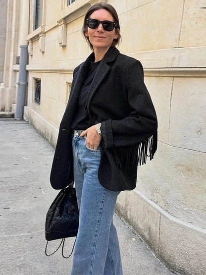 Tassels Woolen Suit Jacket Women Elegant Turn-down Collar Long Sleeve Single Breasted Pocket Autumn Winter Coats New Outerwears