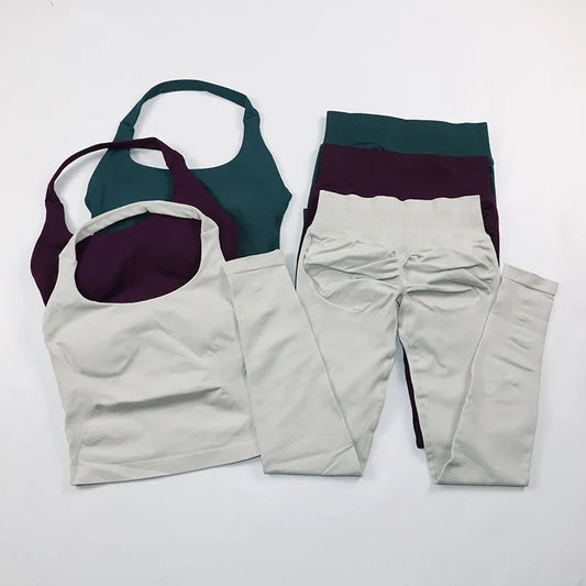 Seamless Gym Set Women Workout Clothes Low Waist Scrunch Yoga Leggings Sets Padded Halter Tank Top 2 Piece Sports Suits