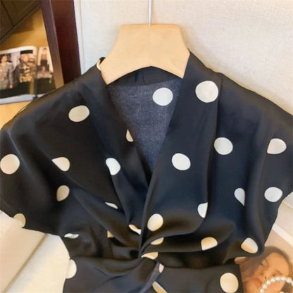 Sexy Cropped Dot Shirt Women Vintage Slim V Neck Short Sleeve Design Blouse French Retro Casual Bow Lace Up Summer Elegant Tops