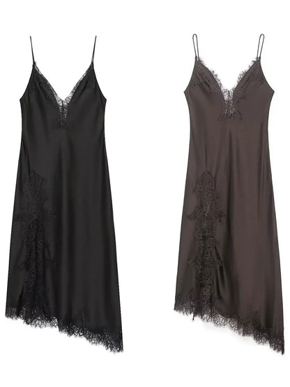Women Fashion Lace Splicing Satin Texture Long Dress Sexy Backless Sleeveless Dresses Summer Lady Trend Party Evening Dress