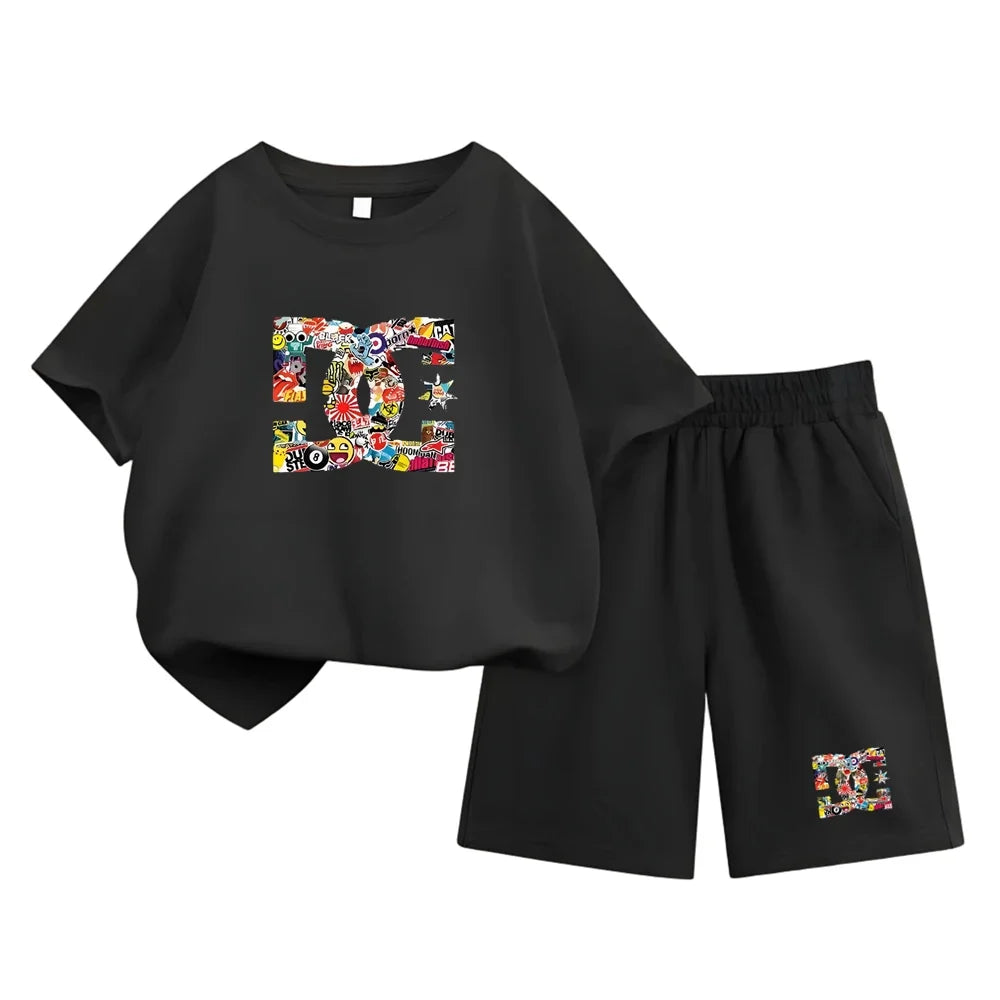 Kids Summer T-Shirt Sets Girls White Boy Black Red Casual T-Shirt+Shorts Printed Kids Outfits Teen Children's Loose Short Sleeve