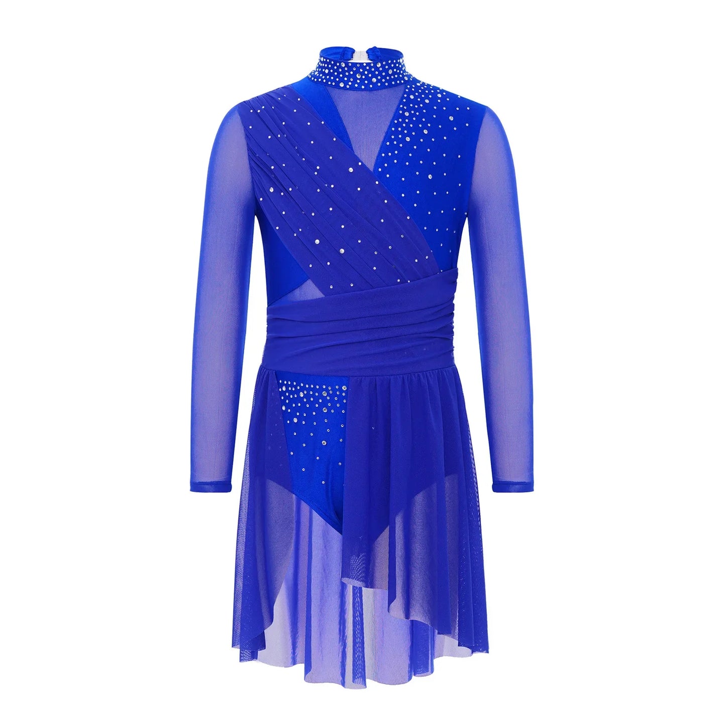Kids Girls Gymnastics Figure Skating Ballet Lyrical Dance Costume Dress Side Split Sheer Mesh Ruched Glittery Rhinestones Dress
