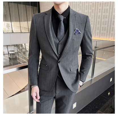 Winter Stripes Three-piece High-Grade Groom Wedding Suit with Vest And Trousers Business Fashion Handsome Casual Wedding Outfit