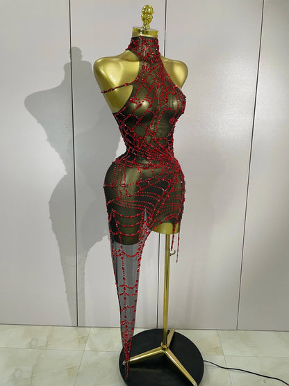 STOCK Sparkly Diamond Sexy Mesh Asymmetric Bodycon Mini Dress Women Nightclub Bar Party Show Gogo Dancer Clothing Stage Costume