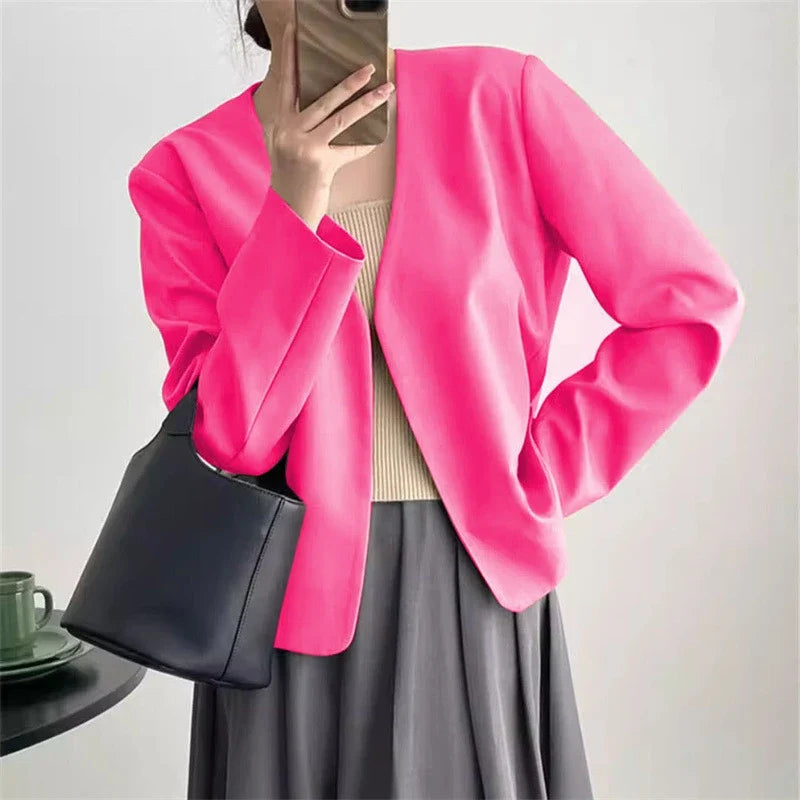 2025 Spring Autumn Fashion New Women's Suit Jackets Solid Short Coats Korean Blazers Long Sleeve Cardigan Coat Without Placket