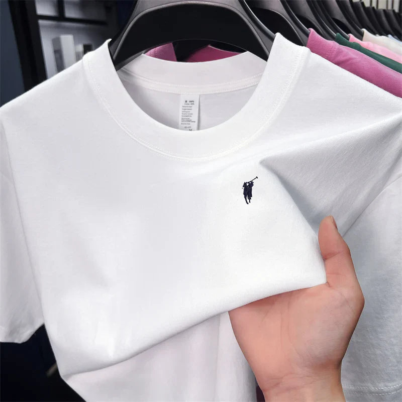 Xiaoma Embroidery Casual Pure Cotton Short Sleeved T-shirt for Young Men, Round Neck Solid Color T-shirt for Men