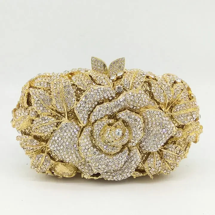 Women Gold Flower Clutch Evening Bags Bridal Wedding Handbags Formal Party Rhinestones Floral Purses