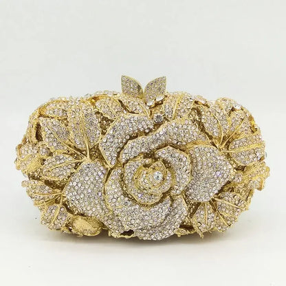 Women Gold Flower Clutch Evening Bags Bridal Wedding Handbags Formal Party Rhinestones Floral Purses
