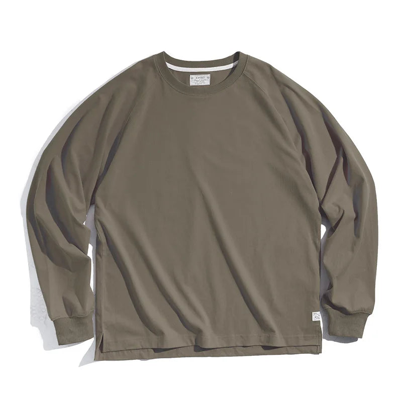 100% Cotton Loose Crew Neck Long Sleeve T-shirts Men's  230g Thin Breathable Tee Shirt Basic Solid Color Oversized Tops