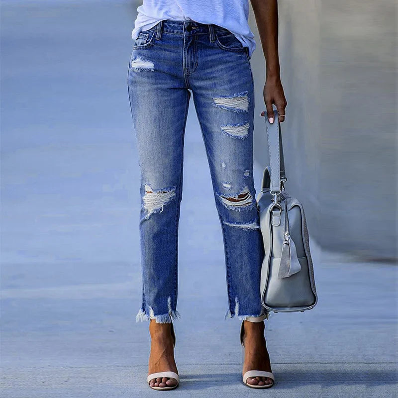 Fashion Broken Holes Tassel Straight Jeans Women's Mid-waist Button Splicing Denim Pants Ladies Trend Streetwear Casual Trousers