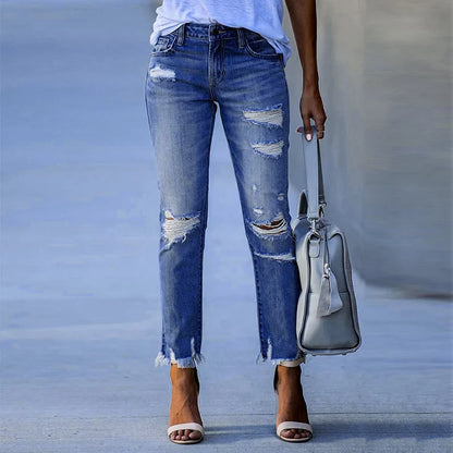 Fashion Broken Holes Tassel Straight Jeans Women's Mid-waist Button Splicing Denim Pants Ladies Trend Streetwear Casual Trousers