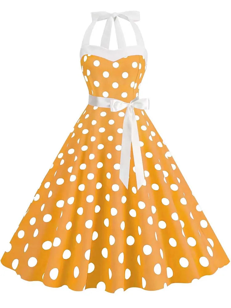 Women Summer Party Dress With Belt Polka Dot Print Halter Hepburn Robe 50s 60s Vintage Dresses