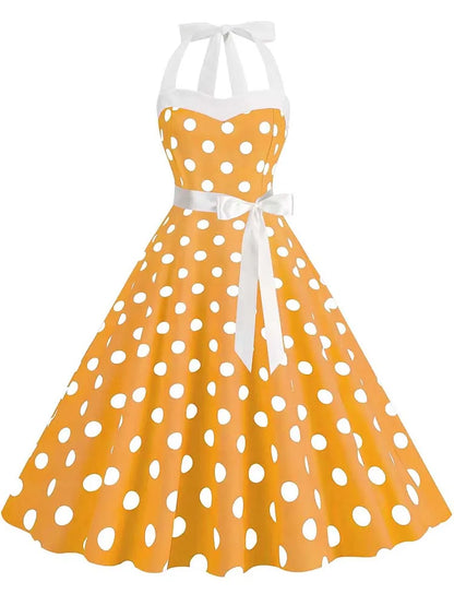 Women Summer Party Dress With Belt Polka Dot Print Halter Hepburn Robe 50s 60s Vintage Dresses