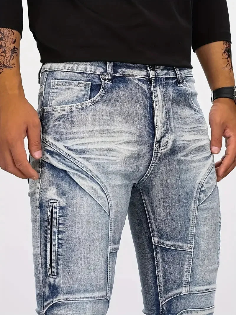 Two tone distressed patchwork jeans for men trendy jeans for summer thin straight leg pants slim fit small leg distressed jeans