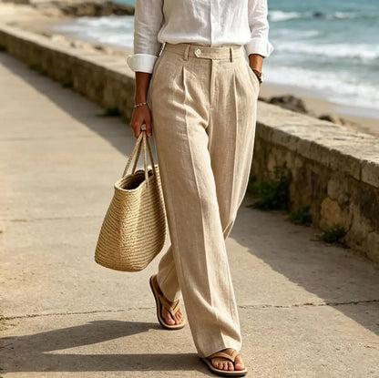 Beige Men's Linen Pants Breathable Cool Straight Leg Trousers High Waist Pleated Lightweight Summer Casual For Beach Vacation