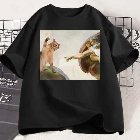 Funny Cat God Creation of Adam Meme T-Shirt Men Women Casuals Short Sleeve Jesus T Shirt O-Neck Tshirt Vintage Tees Harajuku