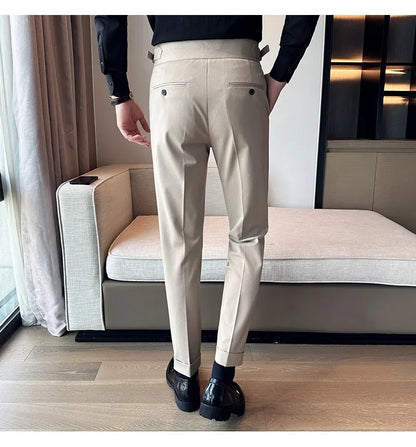 Autumn Winter High Waist Business Dress Pants Men Casual Belt Design Slim Suit Pants Formal Wedding Social Party Male Trousers