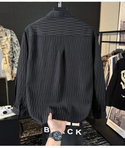 Casual Ice Silk Bubble Men's Anti-Wrinkle Summer Loose Fashionable Long Sleeve Shirt Urban Style Flip Collar Button Closure