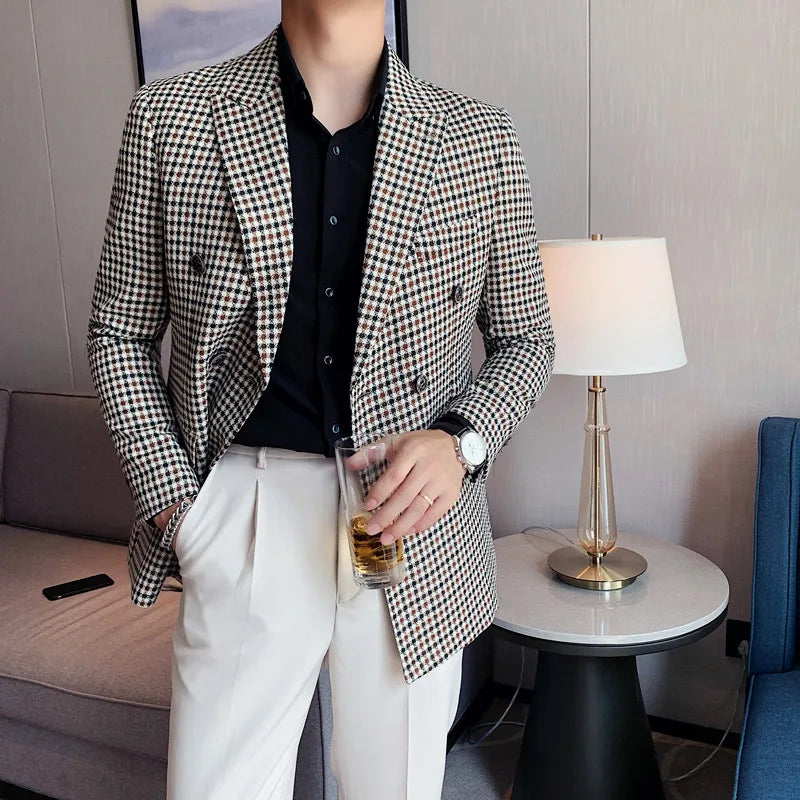 British Style Slim Fit Houndstooth Blazer For Men 2023 Fashion Double Breasted Business Office Wedding Dress Suit Jacket