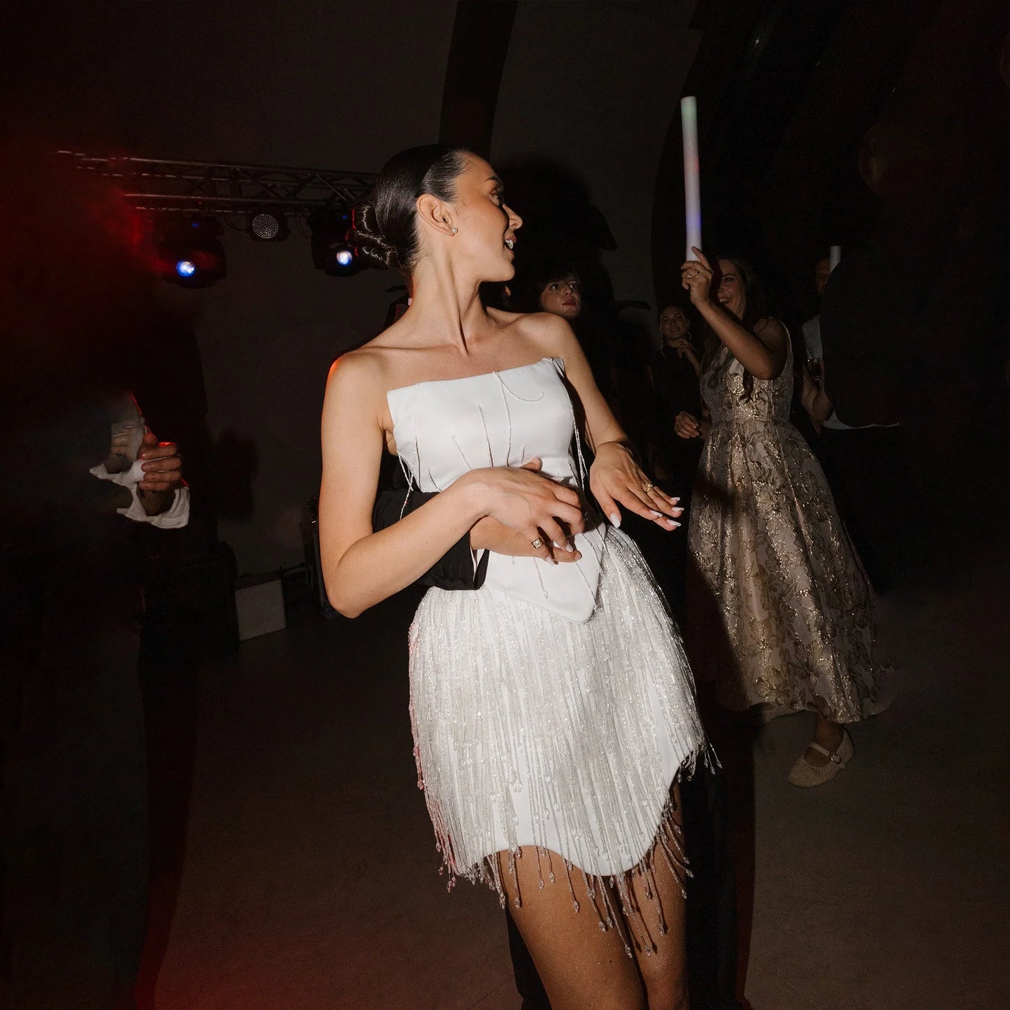 Strapless Satin Mini Wedding Reception Dress Handmade Beaded Tassel Fringe Short Bridal Gown White Party After Bride Dress