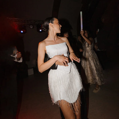Strapless Satin Mini Wedding Reception Dress Handmade Beaded Tassel Fringe Short Bridal Gown White Party After Bride Dress