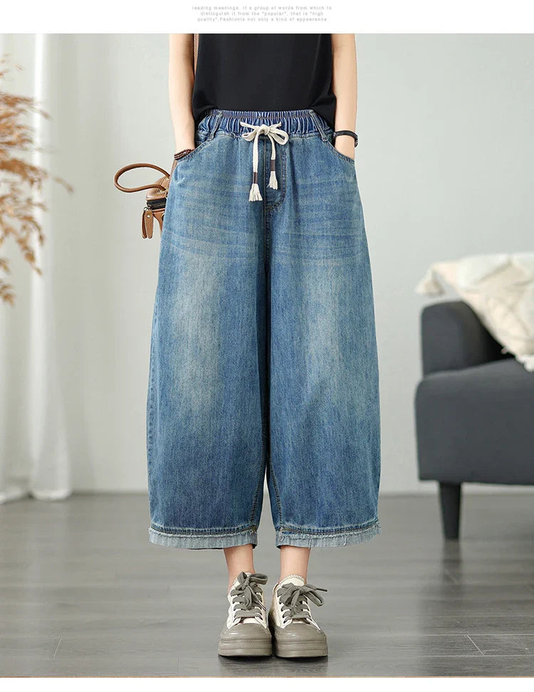 Casual High Waist Wide Leg Jeans Women's Loose Fit Slimming Summer Thin Sle Lantern Pants  Lyocell Fabric Water Wa