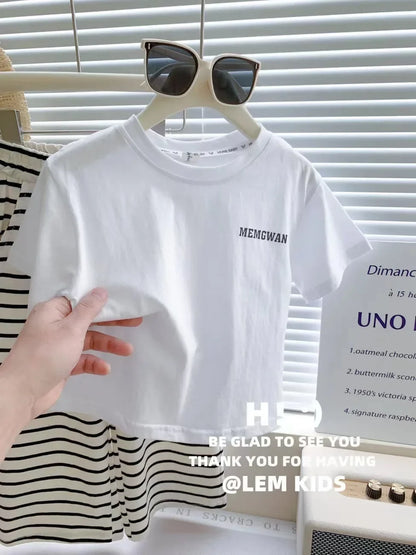 1-8 Years Summer Girls Clothing Set Comfortable Letter T-shirt+Stripe Loose Fitting Pants 2Pcs Suit For Kids Children Outfit