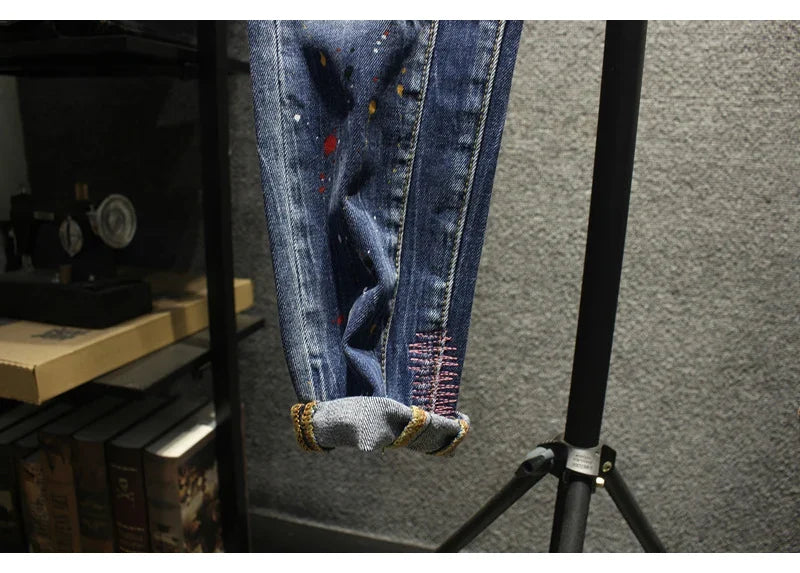 Street Fashion Men Jeans Retro Blue Stretch Slim Fit Spliced Ripped Jeans Men Painted Designer Hip Hop Vintage Denim Pants Homme