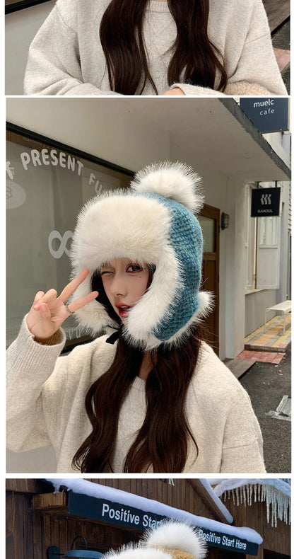 Russian Hat Ushanka Thick Warm Fluffy Fur Hat Women Snow Ski Earflap Cap Female Knitted Hat Skullies Beanies Bomber Hats