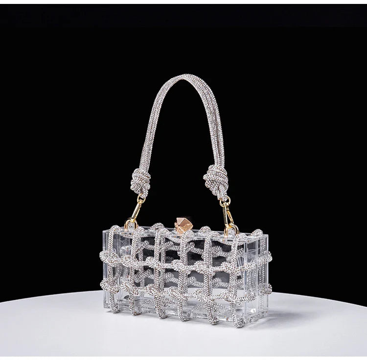 New Diamond Clear Acrylic Box Evening Clutch Bags Women Boutique Woven Knotted Rope Rhinestone Purses And Handbags Wedding Party