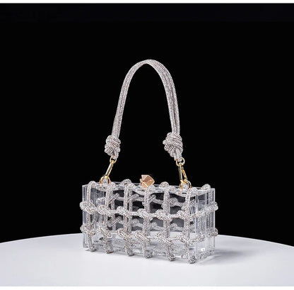 New Diamond Clear Acrylic Box Evening Clutch Bags Women Boutique Woven Knotted Rope Rhinestone Purses And Handbags Wedding Party
