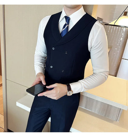( Vest + Pants) Men's Double-breasted Suit Vest 2 Pieces Set High Quality Business Casual Fashion Groom Wedding Dress Vest Sets