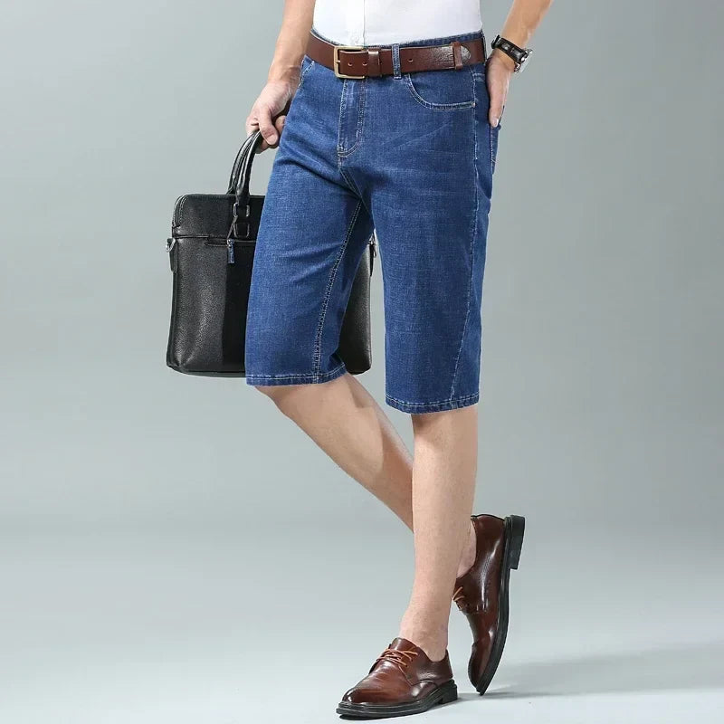New Summer Men's Denim Shorts Fashion Light Color Casual Loose Multi-pocket Straight Five-minute Pants Elastic Knee Shorts