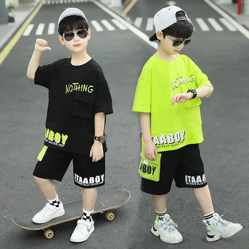 Kpop Boys Clothes Sets 2026 Summer Teen Kids Fashion Letter Print Short Sleeve T-shirt+Shorts 2Pcs Children Tracksuit Outfits