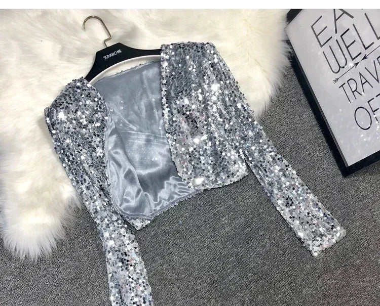 Street Fashion Joker Short Edition Sequins Small Suit Sparkling Bead Piece Suit Small Jacket Tank Top Jazz Dance Performance