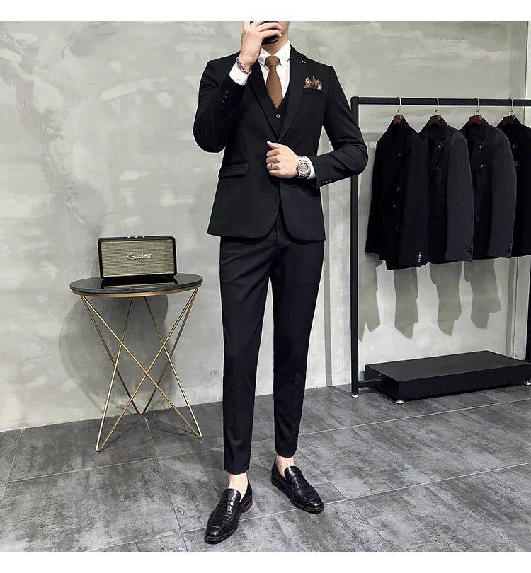 S-7XL Jacket Vest Pants Luxury Elasticity Boutique Fashion Men's Solid Color Casual Business Suit 3-piece Sets Groom Wedding
