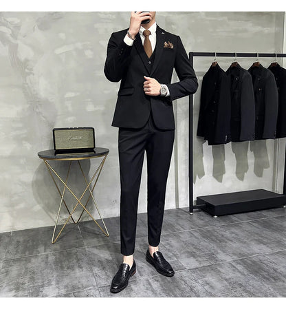 S-7XL Jacket Vest Pants Luxury Elasticity Boutique Fashion Men's Solid Color Casual Business Suit 3-piece Sets Groom Wedding