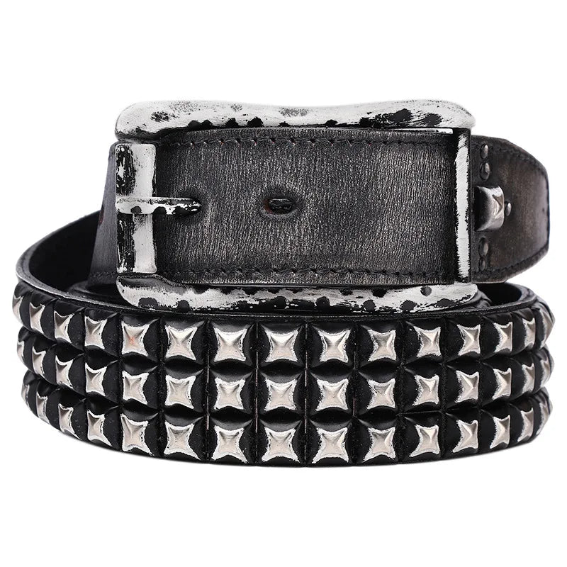 3.8CM Retro Real Genuine Leather Belt Luxury Thick Rivet Belts Men Leather Vintage Strap Male Wide Jeans Ceinture Black Waist