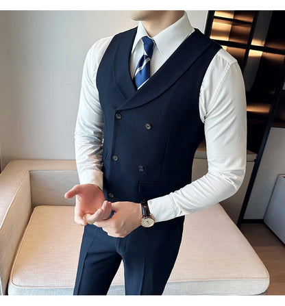 ( Vest + Pants) Men's Double-breasted Suit Vest 2 Pieces Set High Quality Business Casual Fashion Groom Wedding Dress Vest Sets