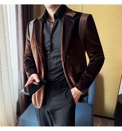 Leather Splicing Mercerized Velvet Suit Jacket 2025 Autumn New Men's High-end Business Slim Fit Fashion Party Tailcoat 4XL-M