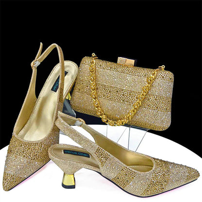 Elegant High Heels Shoes and Bag Set for Women Pointed Toe Black Color Hollow Rhinestones Matching Bag INS 2024