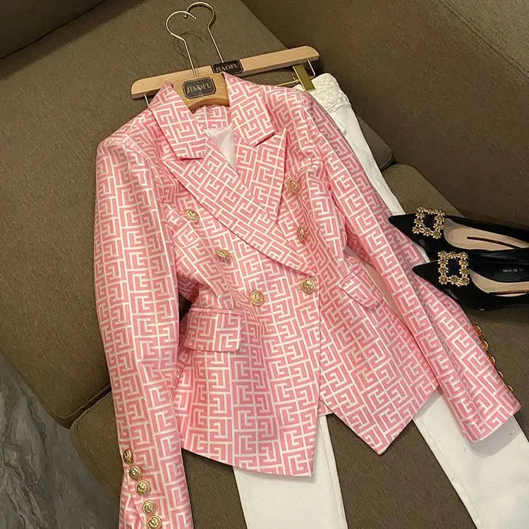 Spring High-end Fashion Women's Elegant Mid To Long Suit Jacket with Collar Print Design and Double Breasted Versatile Jacket