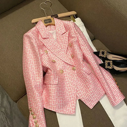 Spring High-end Fashion Women's Elegant Mid To Long Suit Jacket with Collar Print Design and Double Breasted Versatile Jacket