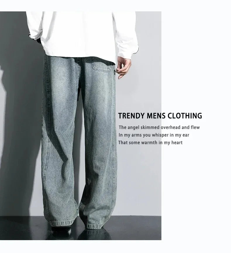 8XL New Wide Leg Washing Jean Pants Men Trousers Neutral Solid Color Loose Casual Straight Outdoor Fashion Plus Size Pants