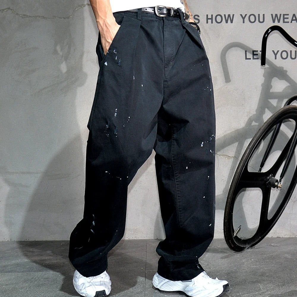 ‌Japanese Premium Vintage Distressed Paint Splash Cargo Pants Men Streetwear Loose Casual Straight Leg Haram Trousers Trendy