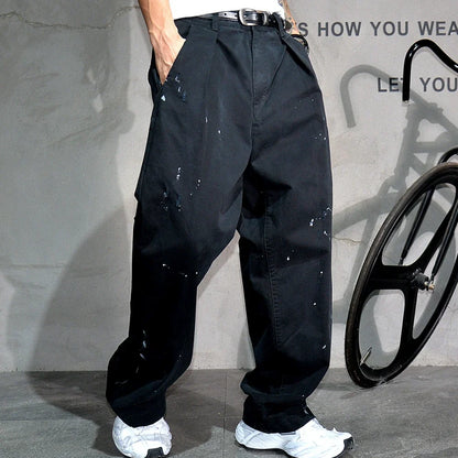 ‌Japanese Premium Vintage Distressed Paint Splash Cargo Pants Men Streetwear Loose Casual Straight Leg Haram Trousers Trendy
