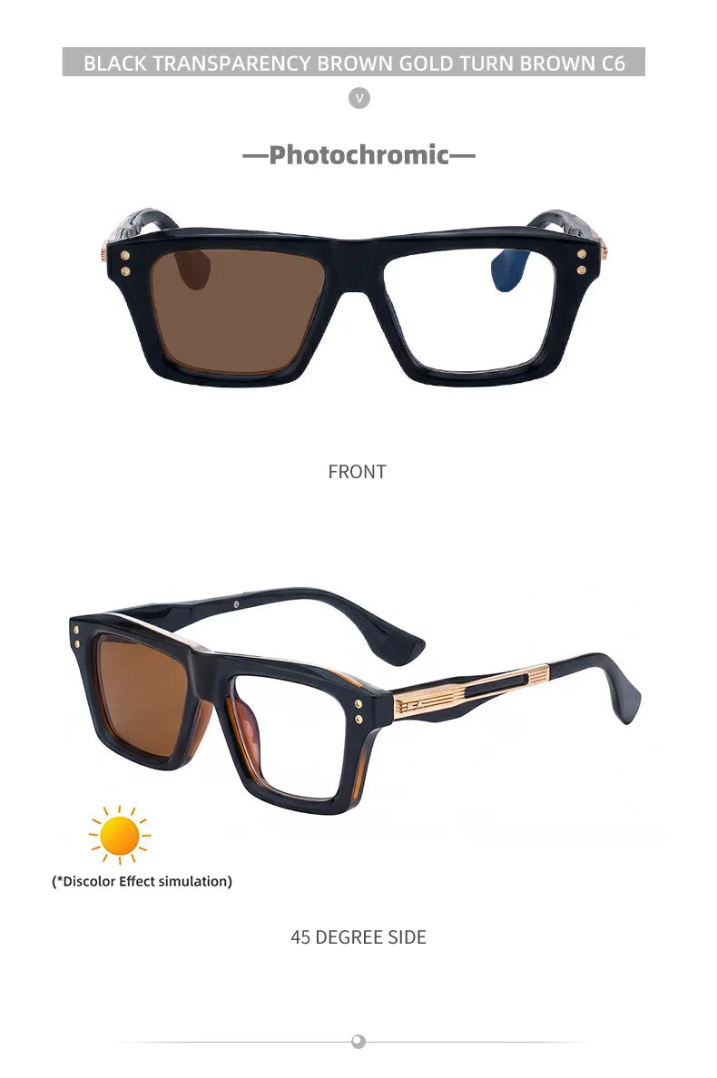2026 New European and American Fashion Square Frame Photochromic Sunglasses for Men, Retro and Unique Outdoor Driving Sunglasses
