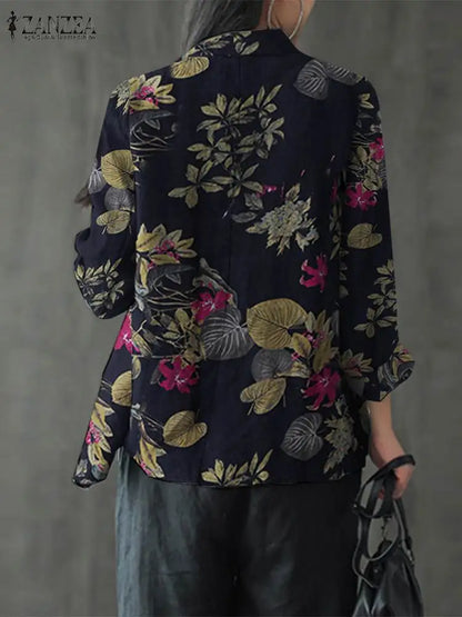 Women Cotton Blazer Vintage Lapel Neck Long Sleeve Thin Coats Autumn Elegant Work Suit Retro Floral Printed Loose Outwear