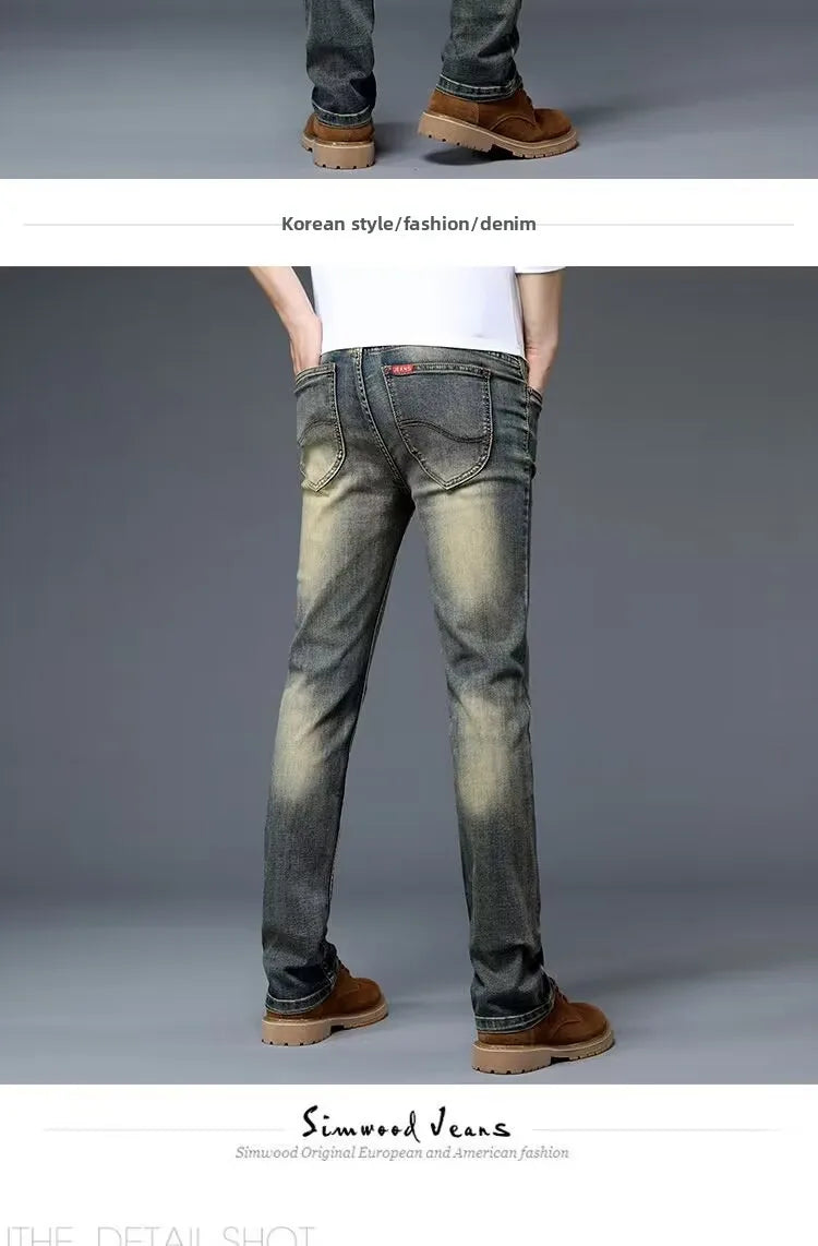 High-End Retro Men's Straight Leg Stretchy Jeans Fashionable Urban Casual Long Trousers Spring Autumn Cotton Stretch Denim
