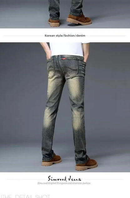High-End Retro Men's Straight Leg Stretchy Jeans Fashionable Urban Casual Long Trousers Spring Autumn Cotton Stretch Denim